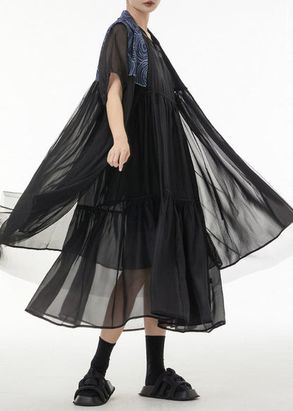 Blue Oversized Denim Patchwork Chiffon Cardigans Sleeveless