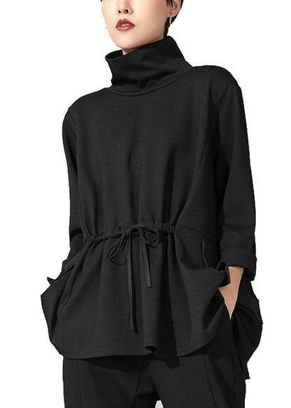 Handmade Black Turtleneck Patchwork Pockets Tie Waist Fall Top Long Sleeve