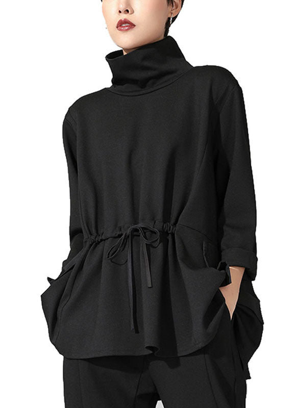 Handmade Black Turtleneck Patchwork Pockets Tie Waist Fall Top Long Sleeve