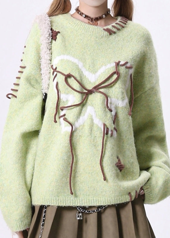 Novelty Green O Neck Lace Up Knit Sweaters Spring