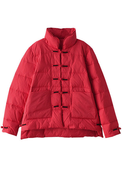 Red Stand Collar Button Pockets Low High Design Winter Down Coat