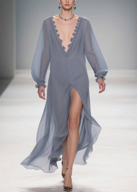 Original Design Blue Lace Side Open Long Dress Lantern Sleeve