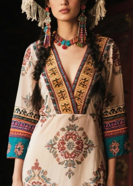 Style Apricot V Neck Print Chiffon Robe Dresses Bracelet Sleeve