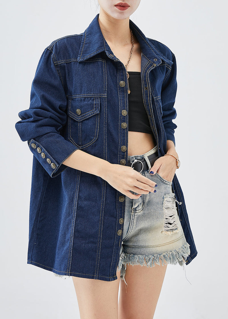 Simple Navy Peter Pan Collar Metal Buttons Denim Coat Fall