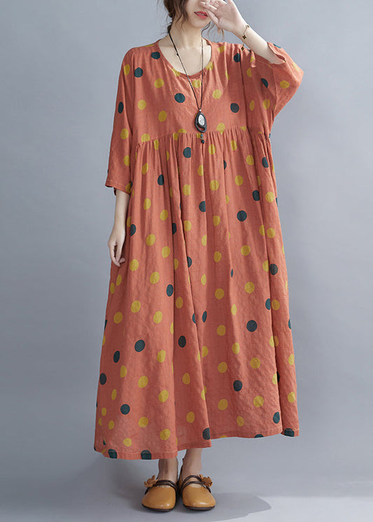 Orange Patchwork Wrinkled Maxi Dresses Bracelet Sleeve
