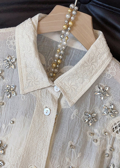 Handmade Apricot Embroidered Zircon Hollow Out Cotton Blouses Fall