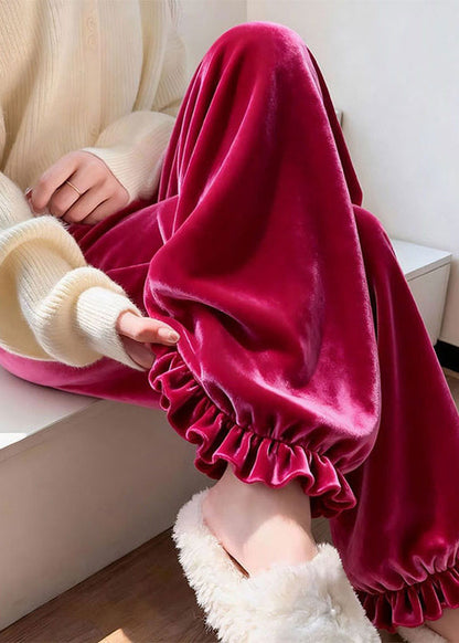 Rose Ruffled Silk Velvet Pants Winter