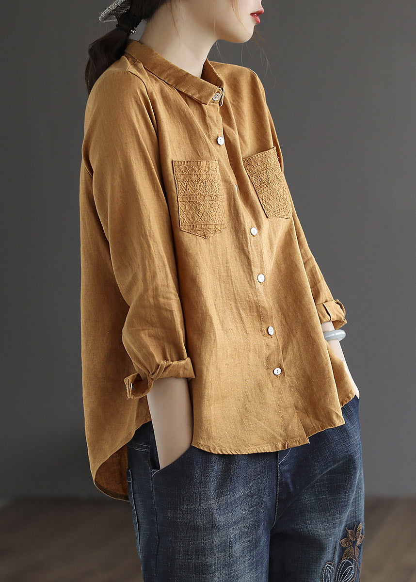 Loose Brown Yellowe Peter Pan Collar Embroideried Button Linen Shirt Long Sleeve