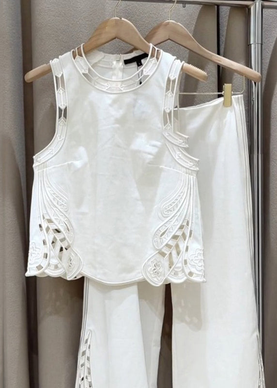 New White Zippered Hollow Out Cotton Two Pieces Set Sleeveless