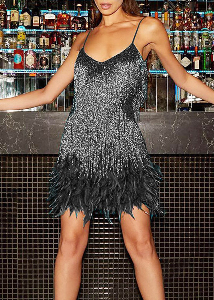 Pink V-neck Tassel Sequin Feather Patchwork Suspender Dress Summer