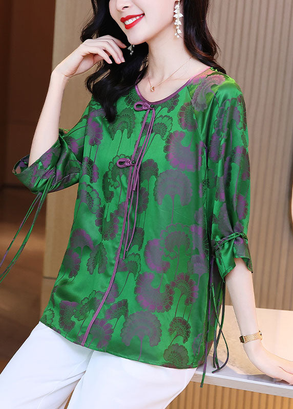 Green Oriental O-neck Ribbon Silk Tops Bracelet Sleeve