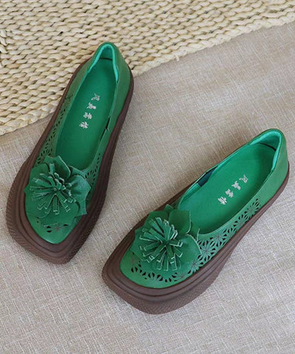 Handmade Hollow Out Green Cowhide Leather Flats Shoes