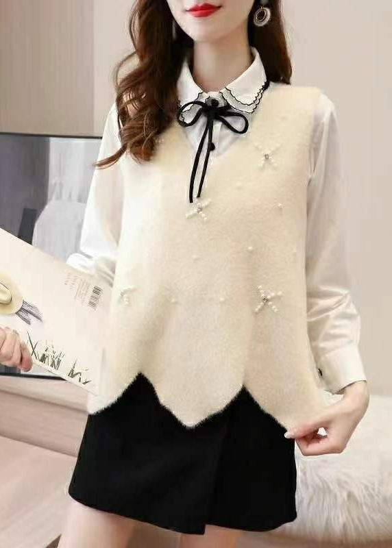 Apricot V Neck Nail Bead Patchwork Mink Hair Knitted Vest Sleeveless
