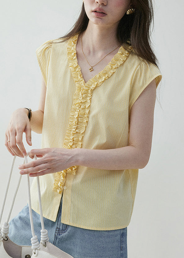 Yellow V Neck Ruffled Cotton Shirt Summer
