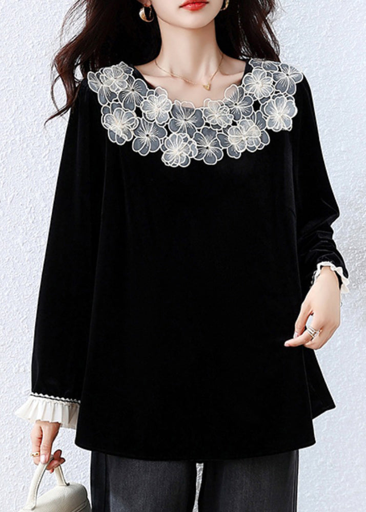 Black Patchwork Silk Velour T Shirt Fall
