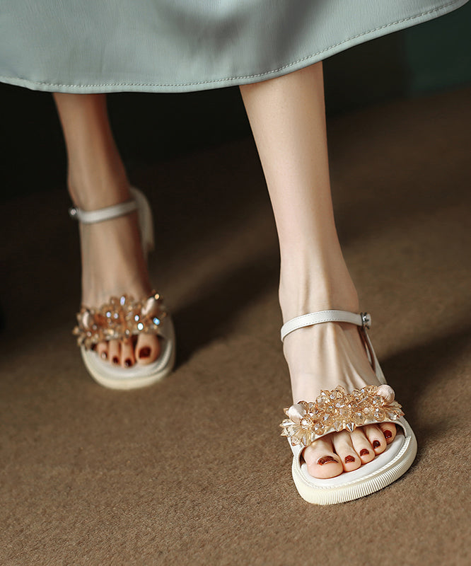 Boutique Beige Cowhide Leather Crystalsplicing Sandals Peep Toe