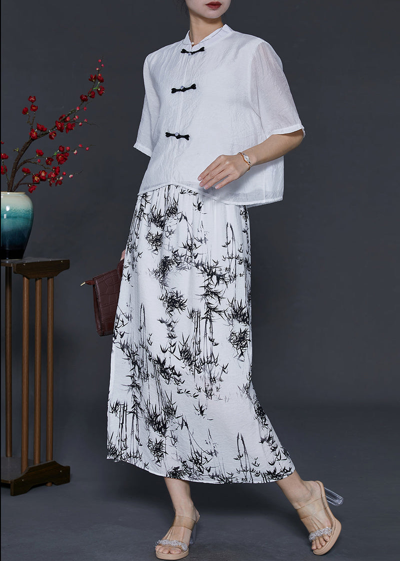 Chinese Style White Print Cotton Two Piece Set Clothing Summer