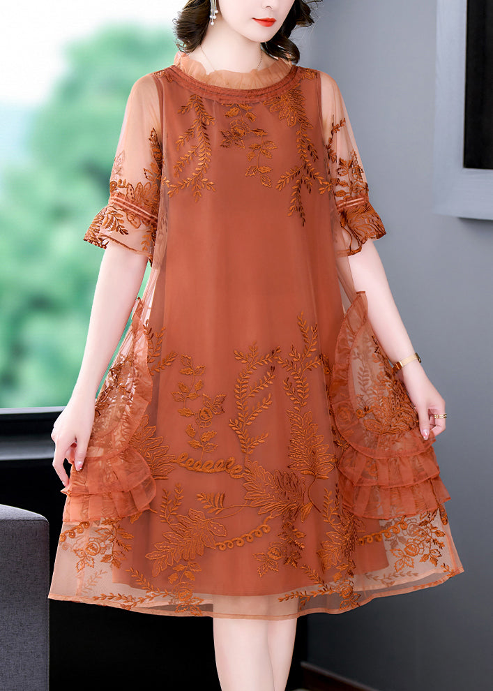 Stylish Orange Print Patchwork Tulle Mid Dresses Summer