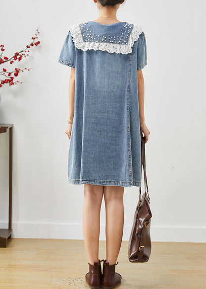 Blue Peter Pan Collar Nail Bead Denim Vacation Dress Summer