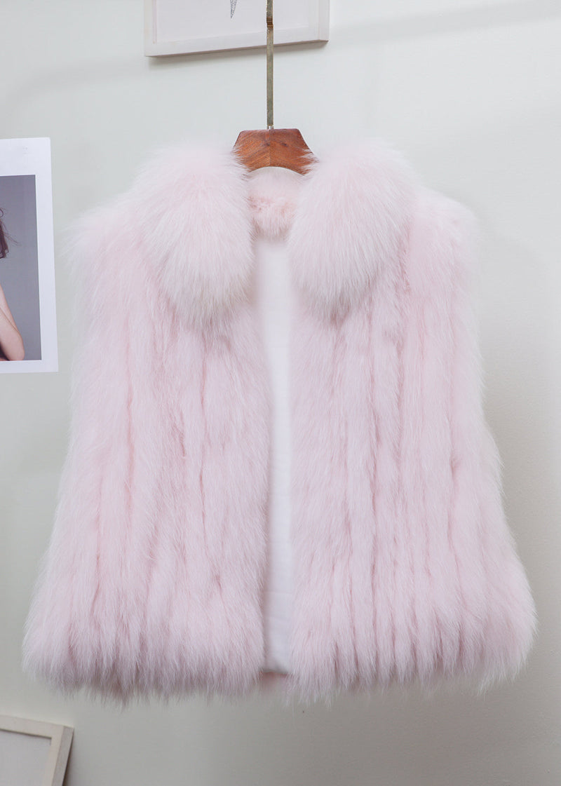 Fine Light Blue Stand Collar Leather and Fur Waistcoat Sleeveless