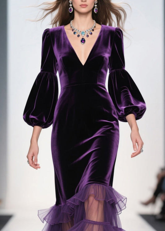 Purple V Neck Ruffled Patchwork Velvet Maxi Dresses Fall