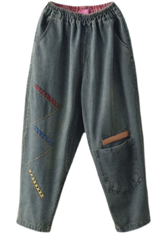Blue Elastic Waist Asymmetrical Design Embroideried Cotton Jeans Spring