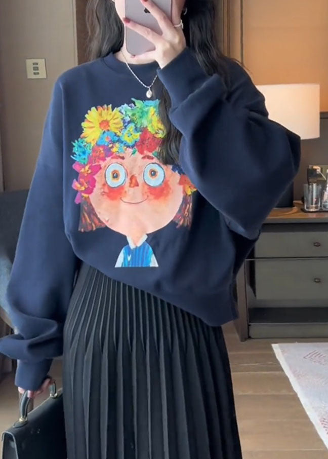 Handmade White O-neck Cartoon Print Pullover Fall