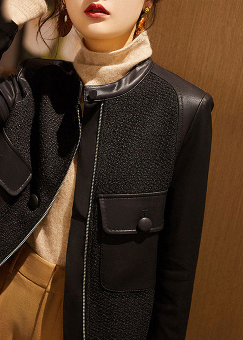 White O-neck Woolen Patchwork Pockets Sheepskin Coats Long Sleeve