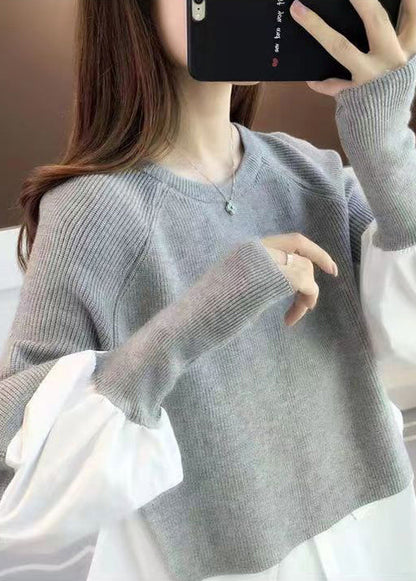 Grey O Neck False Two Pieces Patchwork Knit Sweater Top Fall