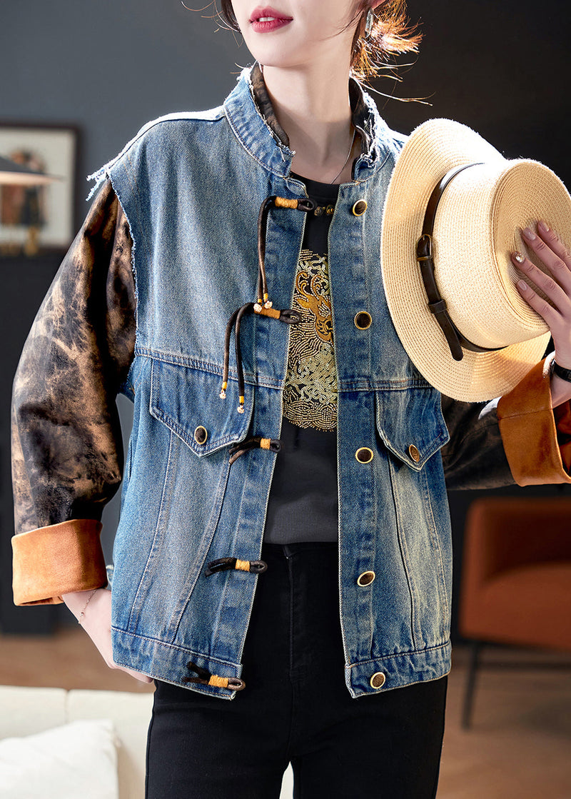 Blue Button Print Patchwork Denim Coat Spring