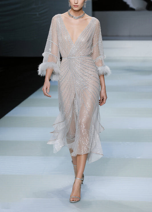 White Sequins Patchwork Faux Fur Tulle Dresses Summer