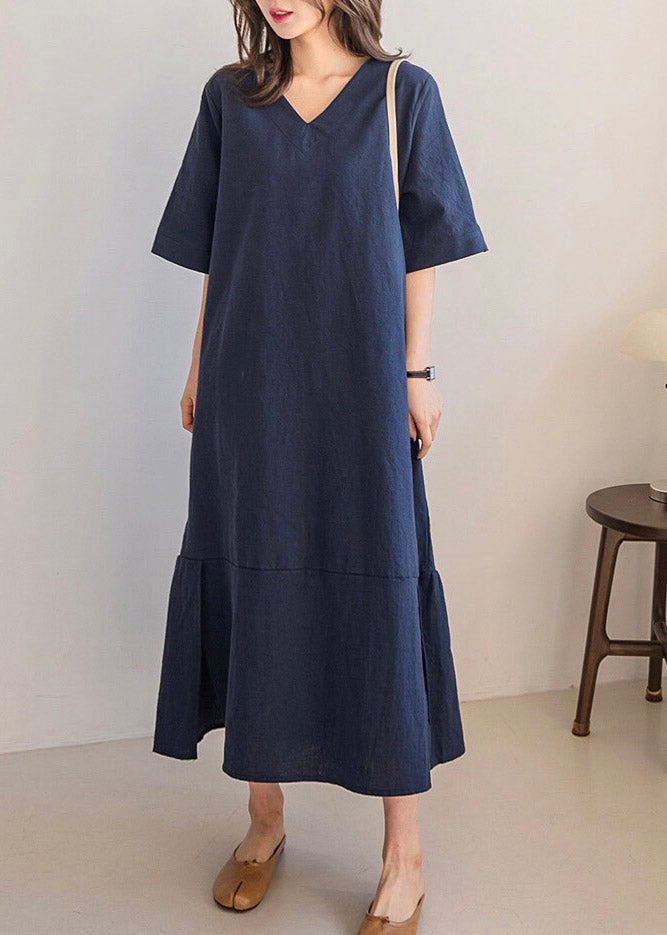 Navy Side Open Long Dresses Short Sleeve