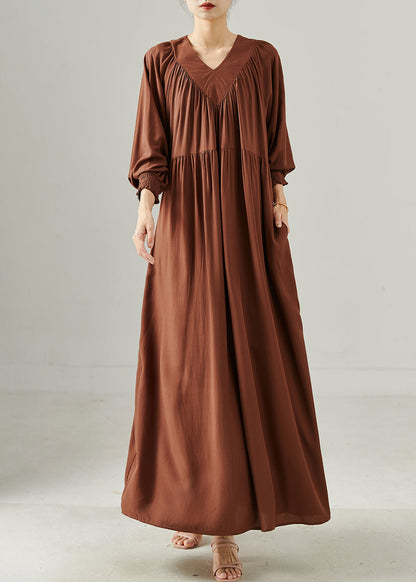 Chocolate V Neck Oversized Cotton Long Dress Spring