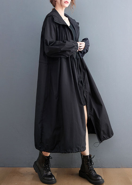 Black Hooded Drawstring Cotton Trench Coat Spring