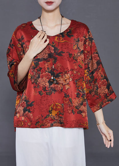 Red Print Loose Silk Shirt Top O-neck Summer