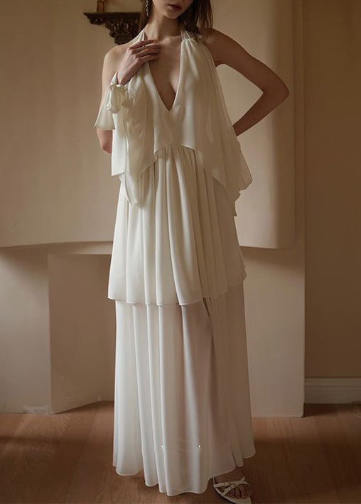 White V Neck Wrinkled Chiffon Dress Sleeveless