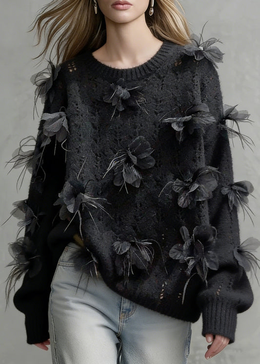 Black O-neck Hollow Out Knit Sweaters