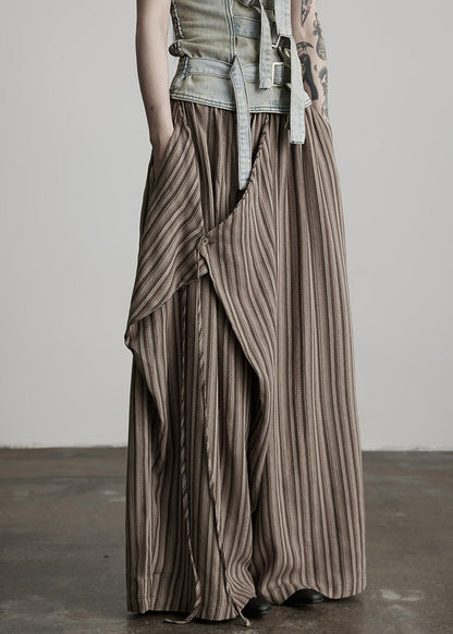 Coffee Pockets Striped False Two Pieces Cotton Pants Fall