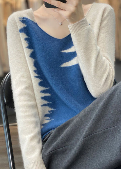 Blue V Neck Patchwork Cozy Top Long Sleeve