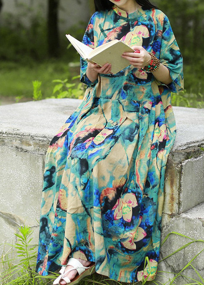 Blue Stand Collar Print Long Dress Short Sleeve