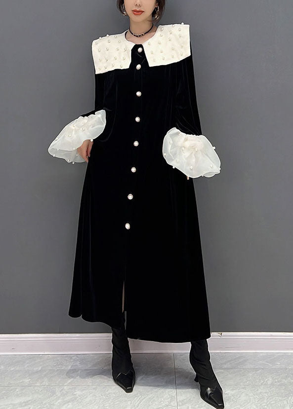 Black Peter Pan Collar Patchwork Nail Bead Silk Velour Dresses Spring