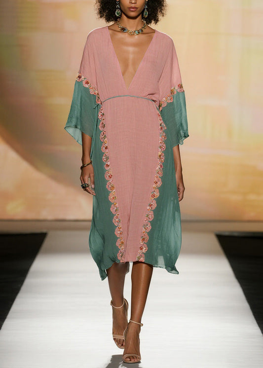 Colorblock V Neck Cotton Dress Summer