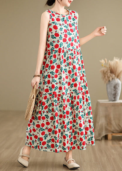 Beige O Neck Print Cotton Long Dresses Sleeveless