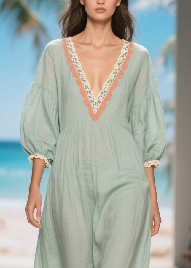 Light Blue V Neck Patchwork Lace Linen Long Dress Summer