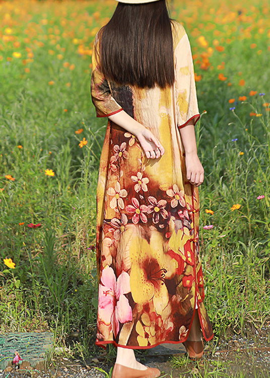 Light Yellow O-neck Side Open Print Long Dress Half Sleeve