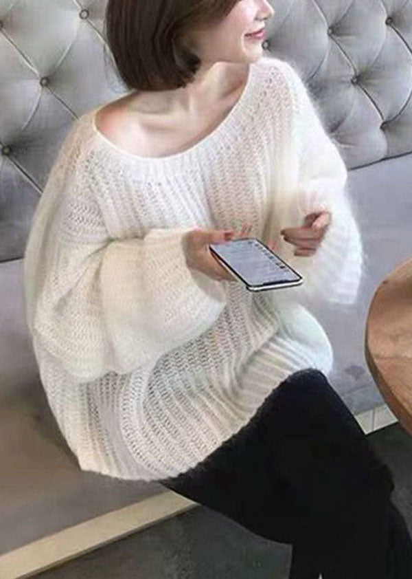 White O-neck Hollow Out Cozy Wool Knit Sweaters Spring