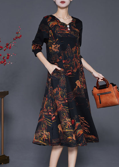 Black Print Exra Large Hem Cotton Maxi Dress Fall