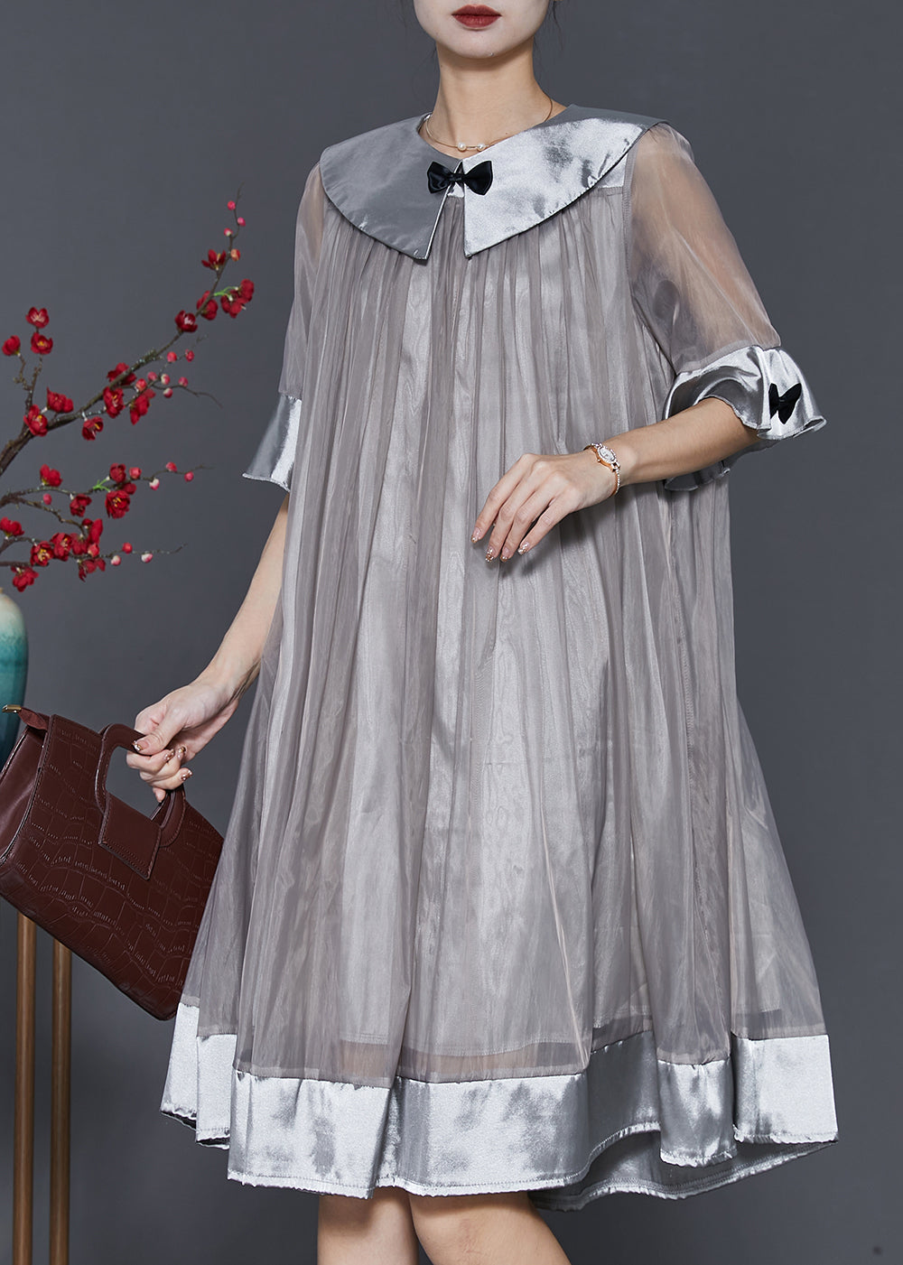 Grey Patchwork Bow Tulle Robe Dresses Summer