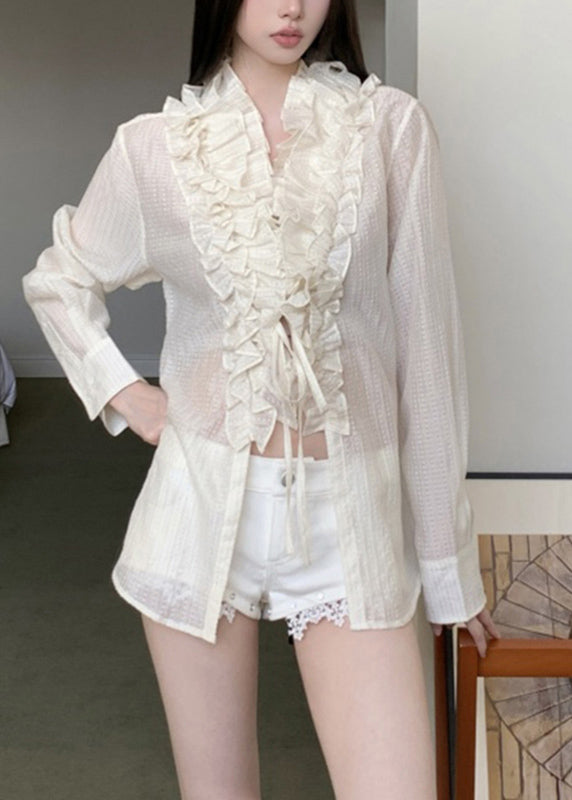 Beige Tie Waist Top Ruffled Long Sleeve