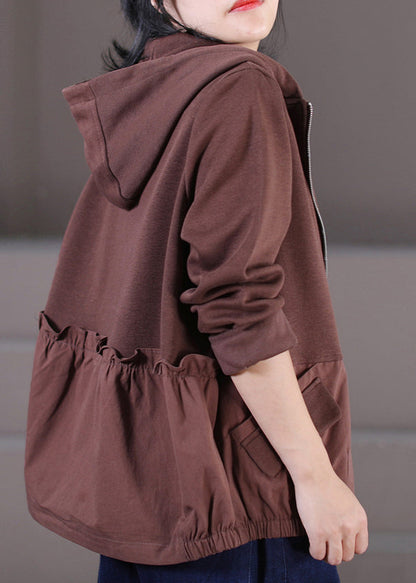 Chocolate Zippered Patchwork Low High Design Hooded Coats Long Sleeve